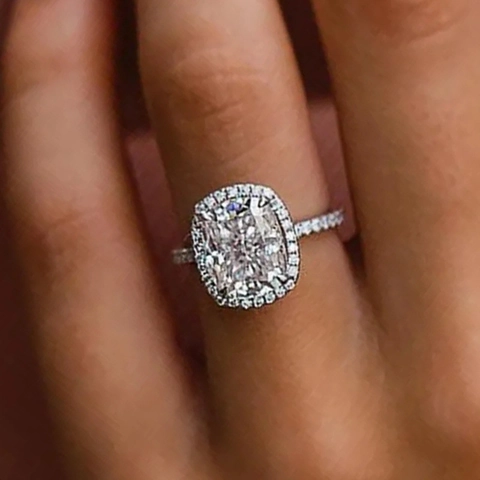 Elegant Cushion Cut Zircon Ring For Women White Gold Plated Copper Halo Pave Engagement Wedding Jewelry