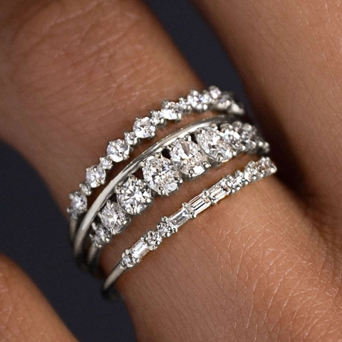 Elegant Stacking Rings Copper Cubic Zirconia Geometric Mixed Cut Bands Jewelry Women Wedding Engagement High-end Fashionable