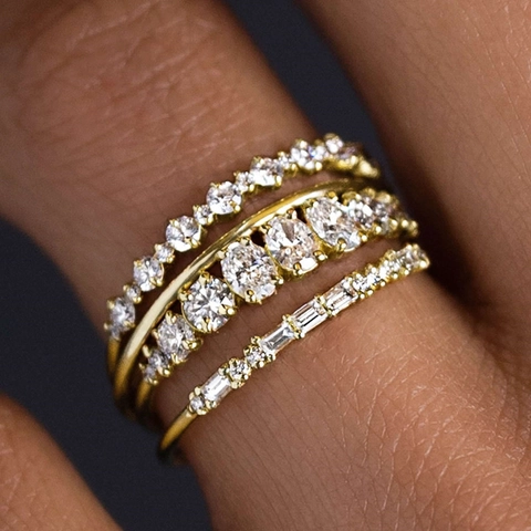 Elegant Stacking Rings Copper Cubic Zirconia Geometric Mixed Cut Bands Jewelry Women Wedding Engagement High-end Fashionable