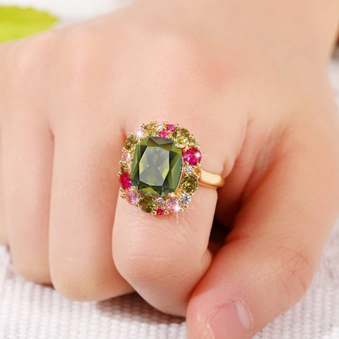 Emerald Green Square Zircon Ring Copper Gold Plated Colorful Halo Vintage Luxury Cocktail Jewelry For Women