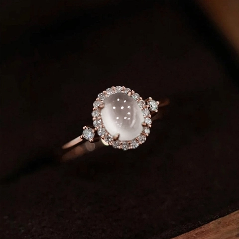 Oval Imitation Moonstone Ring With Copper Zircon Halo Vintage French Style Rose Gold Plated Elegant Jewelry For Women