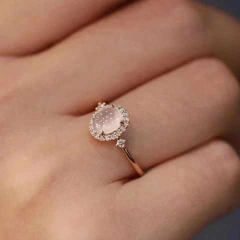 Oval Imitation Moonstone Ring With Copper Zircon Halo Vintage French Style Rose Gold Plated Elegant Jewelry For Women