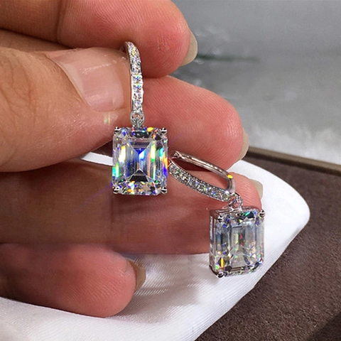 Emerald Cut Zircon Dangle Earrings Copper Micro Pave Rectangular Drop Jewelry For Women Elegant