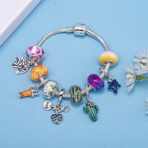 Alloy DIY Charm Bracelet For Women With Colorful Glass Beads Heart Tree Of Life Family Pendant Silver Plated Snake Chain Jewelry