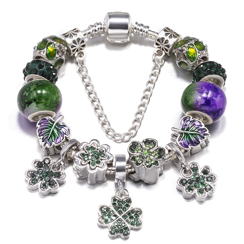 Alloy Rhinestone Clover Charm Bracelet For Women Green Purple Artificial Pearl Snake Chain Heart Pendant Fashion Jewelry Gift