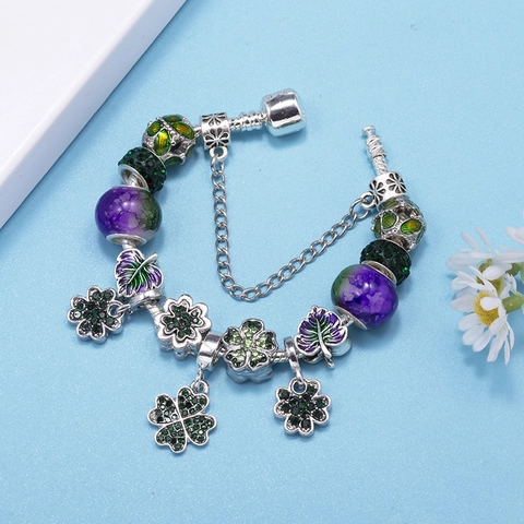 Alloy Rhinestone Clover Charm Bracelet For Women Green Purple Artificial Pearl Snake Chain Heart Pendant Fashion Jewelry Gift