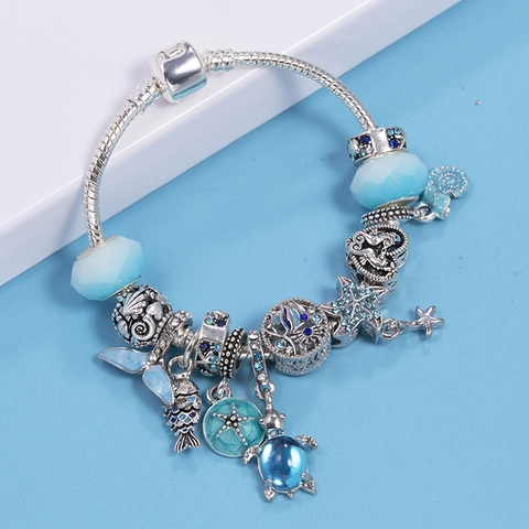 Ocean Series Blue Crystal Beaded Bracelet Starfish Turtle Mermaid Tail Charms Alloy Silver Snake Chain Women Jewelry Gift