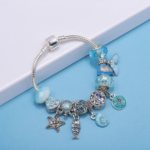 Ocean Theme Alloy Charm Bracelet With Blue Glaze Beads Heart Pendant Silver Color Snake Chain For Women Jewelry Gift