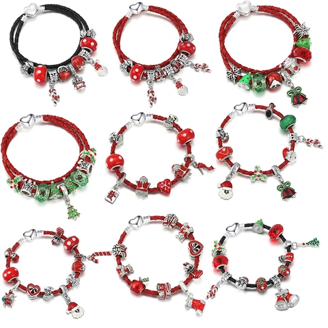 Alloy Rhinestone Christmas Charm Bracelet For Women Santa Claus Snowflake Christmas Tree Enamel Woven Rope Holiday Jewelry