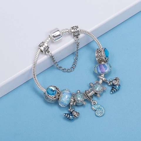 Ocean Theme Alloy Charm Bracelet Blue Glass Beads Turtle Shell Pendants For Women Fashion DIY Snake Chain Jewelry Gift