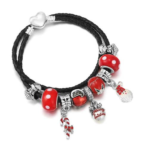 Christmas Charm Bracelet For Women Santa Claus Candy Cane Pendants Alloy Enameled Beaded Braided Leather Cord Festive Jewelry