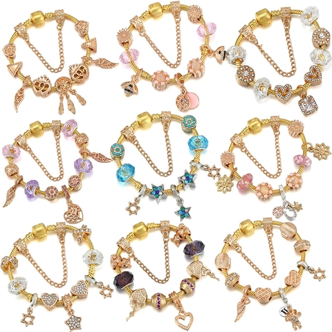 Gold DIY Beaded Charm Bracelet for Women Rhinestone Bee Heart Key Pendant Snake Chain Fashion Jewelry Accessories Gift
