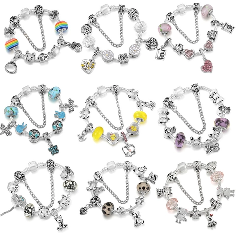 Women DIY Charm Bracelet Silver Plated Alloy Snake Chain With Animal Heart Flower Pendant Glass Beads Birthday Jewelry Gift