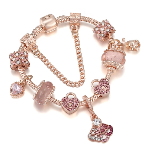 Rose Gold Plated Alloy Heart Crown Charm Bracelet Pink Glass Beads Rhinestone Safety Chain Romantic Fashion Jewelry Gift Women