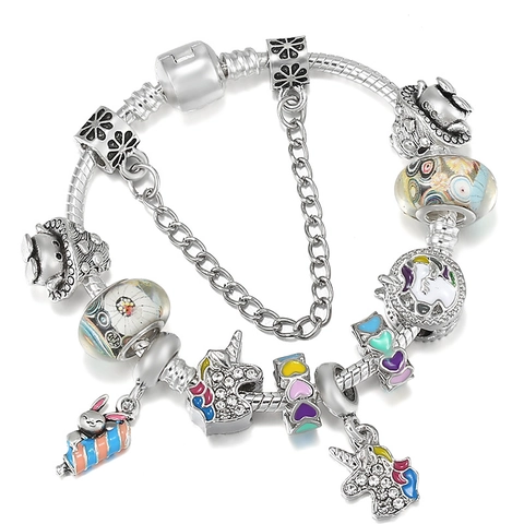 Kids Girls Colorful Unicorn Beaded Charm Bracelet Alloy Enamel Heart Rabbit Pendant DIY Snake Chain Jewelry Gift For Daughter