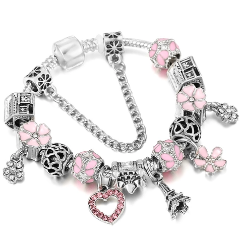 DIY Charm Snake Chain Bracelet With Heart Eiffel Tower Life Tree Murano Glass Beads Enamel Rhinestone Pendant Jewelry For Women