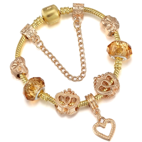 Pulsera de Amuletos DIY para Mujer Chapada en Oro Rosa Colgantes de Corona y Corazón Cuentas de Cristal Ámbar Cadena de Serpiente Plata 925
