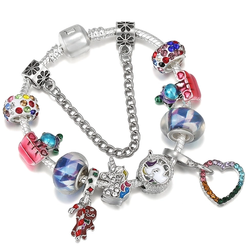 Pulsera con Charms DIY para Mujer Niños Multicolor Unicornio Corazón Colgante Aleación Strass Esmalte Cuentas Cadena de Serpiente Joyería