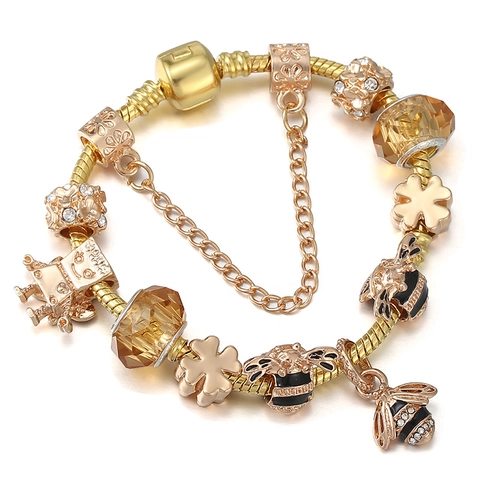 Gold Tone Alloy Bee Charm Bracelet With Rhinestone Heart Clover Robot Pendant Yellow Glass Beads For Women Jewelry