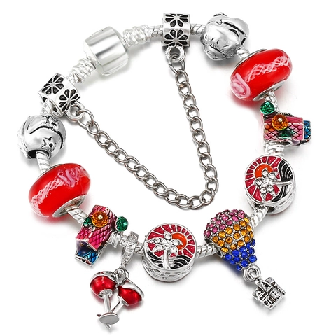 Damen Rot Glasperle Charm Armband Legierung Versilbert Schlangenkette Mit Heißluftballon Herz Anhänger Täglich Mode Schmuck