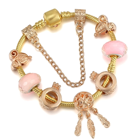 Bracciale Charm in Lega Placcato Oro Donna Perle di Vetro Rosa Cuore Corona Carrozza di Zucca Ciondolo Acchiappasogni Regalo
