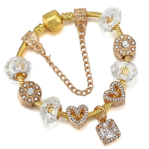 Luxury Gold Plated Alloy Snake Chain Bracelet With Sparkling Heart And Square Crystal Charms Fashion Jewelry Gift For Women