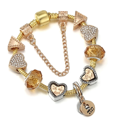 Luxury Gold Heart Charm Bracelet For Women Alloy Rhinestone Inlaid Amber Glass Beads Hollow Floral Snake Chain Jewelry