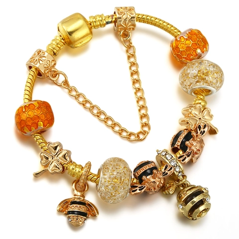 Golden Bee Honeycomb Four Leaf Clover Charm Bracelet For Women Alloy Beaded Snake Chain Jewelry Mother's Day Gift Accessory