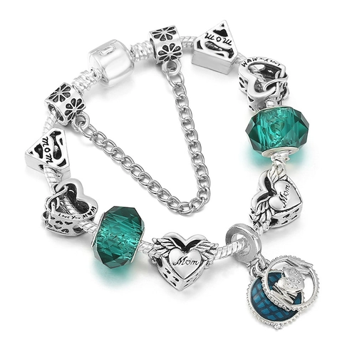 Luxury Alloy MOM Heart Charm Bracelet With Snake Chain Safety Chain Silver Plated Crystal Beads Mother's Day Jewelry Gift For Women