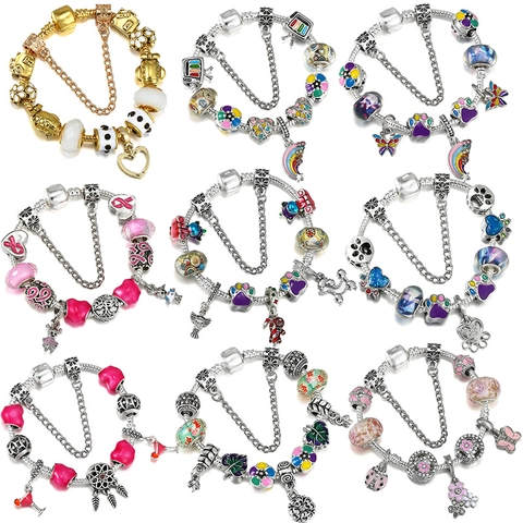 Fashion Alloy Rhinestone Charm Bracelet For Women DIY Snake Chain Enamel Bead Heart Flower Pendant Romantic Jewelry Gift