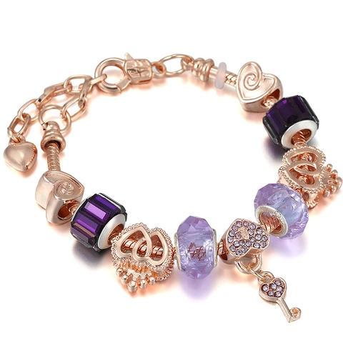 Pulsera de Cuentas de Cristal Púrpura de Aleación Chapada en Oro Rosa Con Colgante de Llave de Corazón Pulsera de Cadena de Serpiente para Joyería de Mujer Regalo