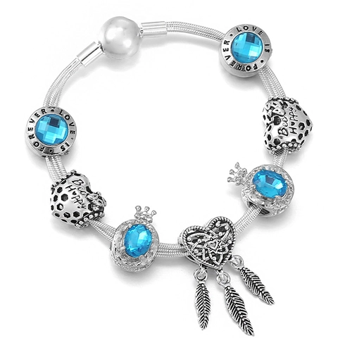 Vintage Alloy Heart Dreamcatcher Charm Bracelet With Blue Crystal Beads Feather Pendant For Women Fashion Jewelry Gift
