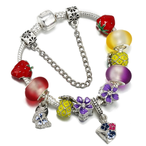Silver Plated Snake Chain Charm Bracelet With Strawberry Pineapple Fruit Flower Beads For Women Summer Fashion Jewelry Gift