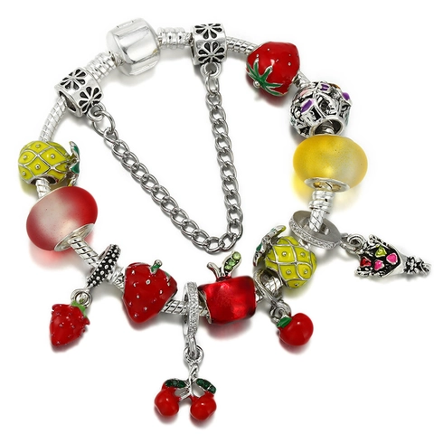 Summer Fruit Enamel Charm Bracelet Strawberry Pineapple Cherry Apple Beads Snake Chain Jewelry For Women Kids Gift