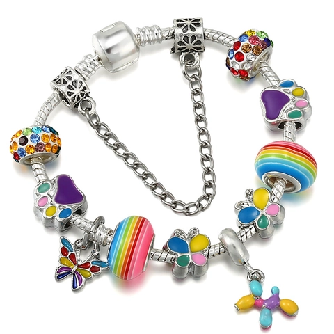 Women Colorful DIY Charm Bracelet Enamel Balloon Dog Butterfly Heart Pendant Alloy Snake Chain With Safety Chain Jewelry