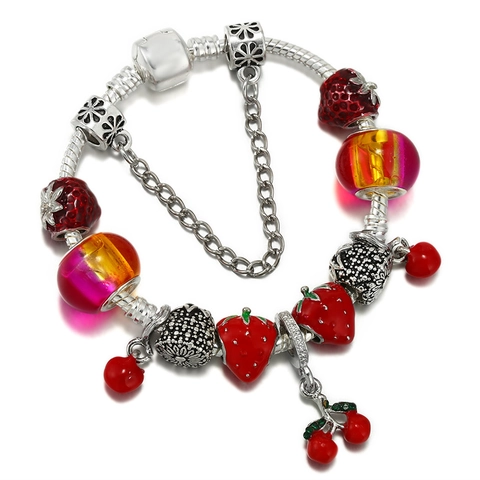 Sweet Strawberry Cherry Fruit Charm Bracelet Alloy Enamel Beads Murano Glass Snake Chain Jewelry For Women Girls Gift