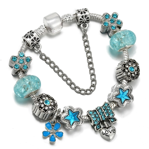 DIY Charm Armband Blauwe Bloemen Hart Liefde Hanger Strik Zilveren Slangenketting Sieraden Cadeau Voor Dames