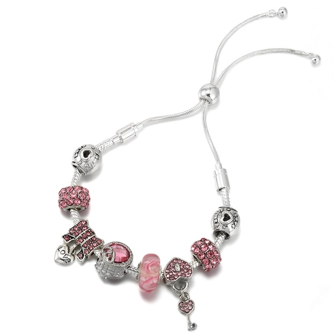 Luxus Legierung Perlen Charm Armband Für Damen Mit Kristall Herz Schlüssel Anhänger Verstellbare Schlangenkette Modeschmuck Geschenk