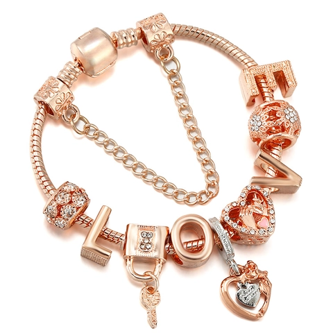Romantisch Roségold Überzogen Legierung Perlenarmband Liebe Buchstabe Herz Schloss Schlüssel Anhänger Zirkonia DIY Schlangenkette Schmuck