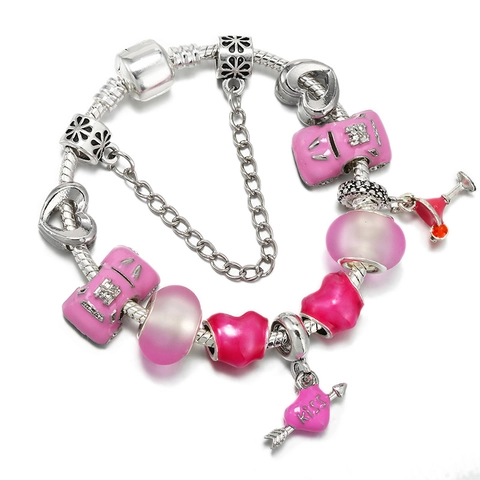 Romantische Roze Emaille Hart Pijl Bedelarmband Met Zilveren Slangenketting Glazen Kralen Voor Vrouwen Meisjes Mode Sieraden