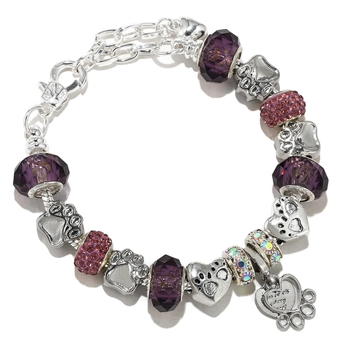 Paarse Kristallen Dierenpootafdruk Charm Armband Legering Verzilverd Hart Hanger DIY Kralen Armband Voor Vrouwen Huisdier Liefhebbers Cadeau