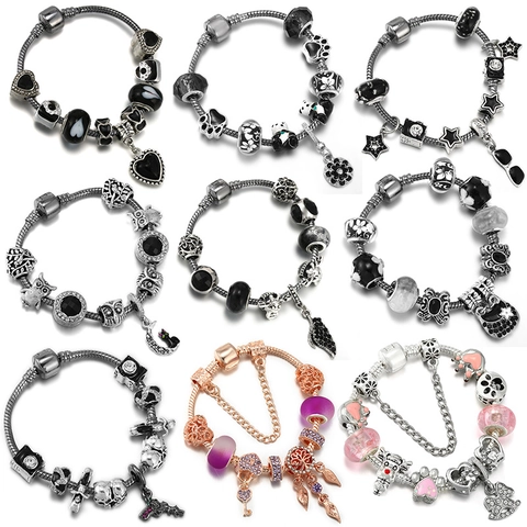 Fashion Alloy Beaded Charm Bracelet For Women DIY Heart Panda Owl Pendant Snake Chain Jewelry Rhinestone Bracelet Gift