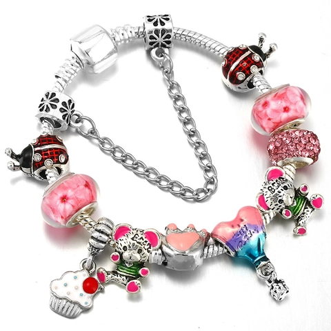 Pulsera De Charms DIY De Aleación Con Colgantes De Oso Corazón Cupcake Mariquita Cadena De Serpiente Plateada Joyería Regalo Mujer