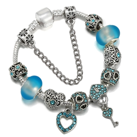 Pulsera Romántica de Charms Corazón y Llave de Aleación Vidrio Azul Con Cadena de Serpiente de Seguridad Joyería de Moda Regalo para Mujer
