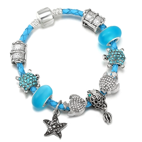 Women Ocean Theme Beaded Charm Bracelet Blue Leather Braided Bracelet With Turtle Sea Star Shell Charms Summer Beach Jewelry Gift