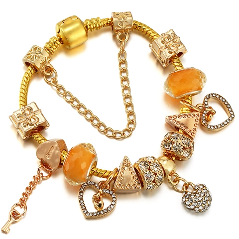 Vintage Gold Plated Alloy Charm Bracelet Hollow Heart Gift Box Pendant Orange Glass Beads DIY Jewelry For Women Gift