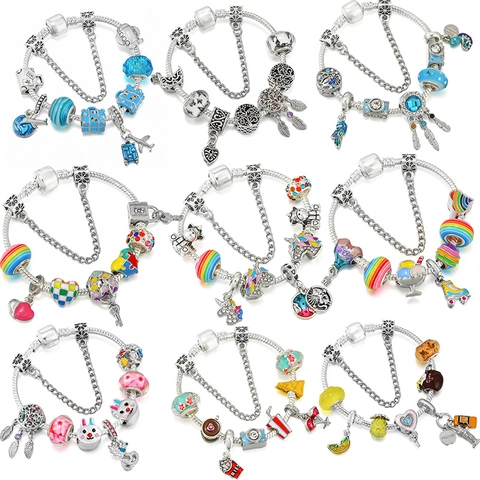 Pandora Style DIY Charm Bracelet Alloy Rhinestone Heart Animal Travel Theme Bangle Bracelet For Women Girls Gift Jewelry