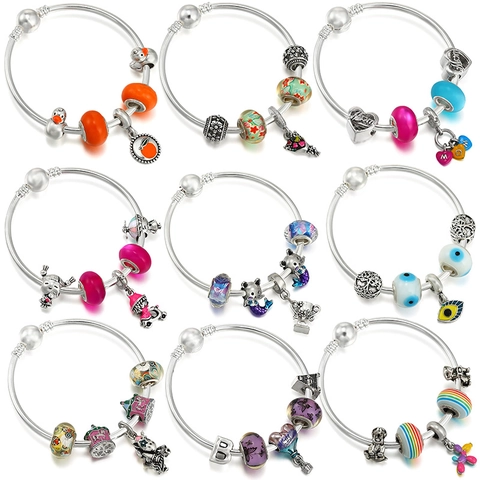 Alloy Charm Bracelet With Murano Glass Beads Heart Pendant Little Girl Bangle For Women Electroplated DIY Jewelry Gift