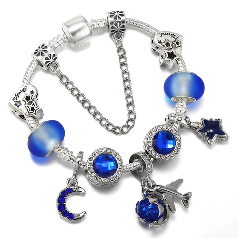 Luxus Vintage Legierung Kristall Herz Stern Mond Armband Blaue Glasperlen Charme Armband Mit Flugzeug Erde Anhänger Schmuck Für Damen