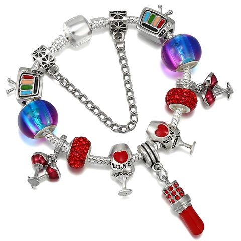Bracelet Charm DIY Saint-Valentin Romantique Alliage Plaqué Argent Pendants Rouge à Lèvres Verre à Vin TV Bijoux